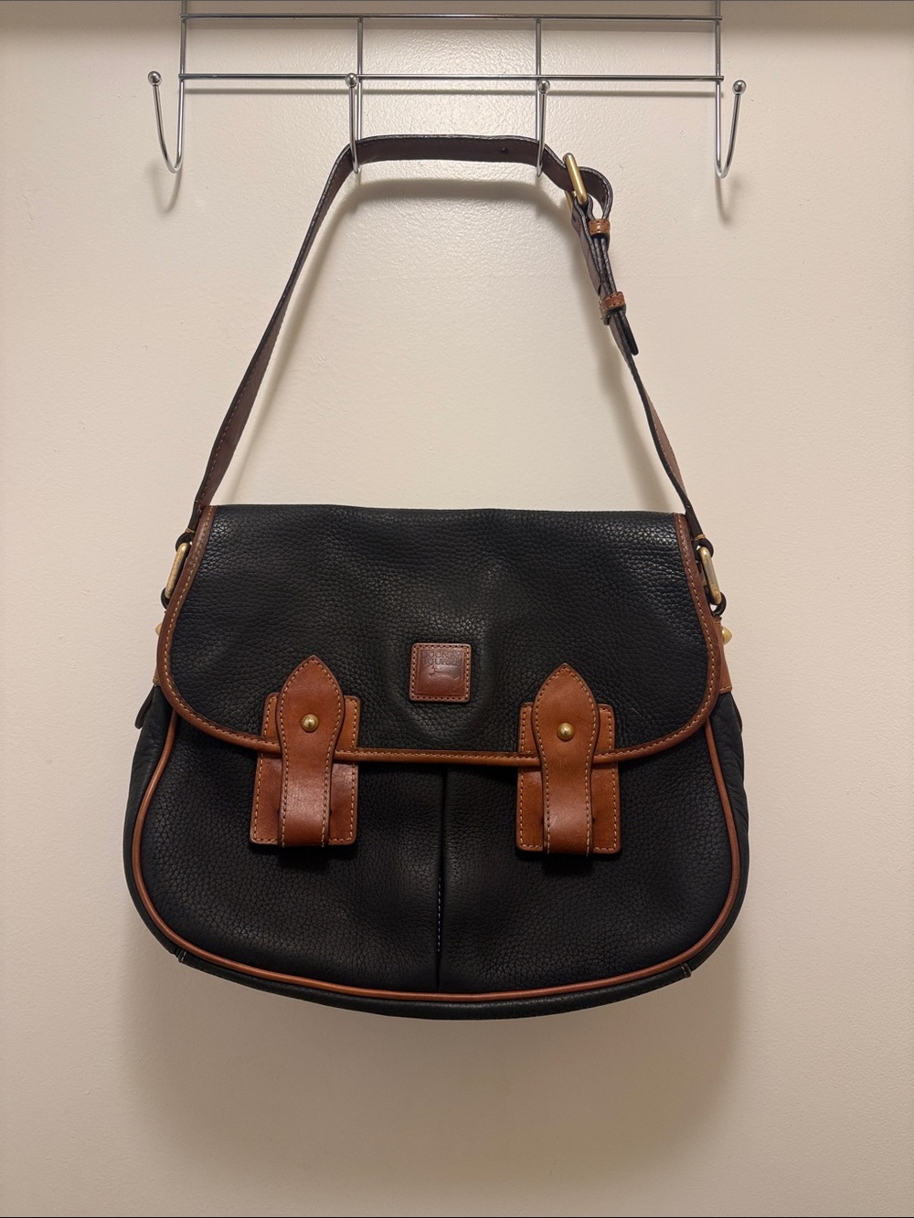 Vintage Dooney Bourke Black All Weather Leather Horseshoe Flap Crossbody Bag